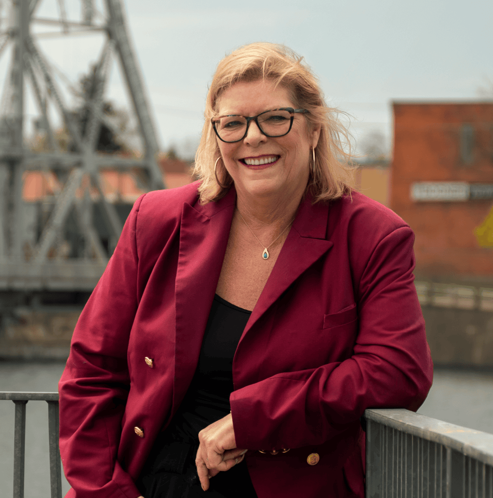 Debi Katsmar with the Welland Canal Bridge in the background